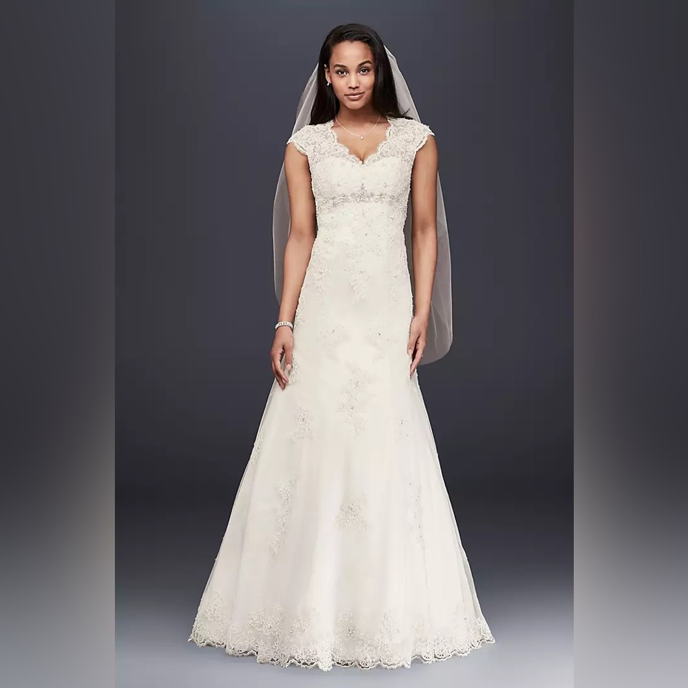 David’s Bridal Collection Cap Sleeve Lace Over Satin Wedding Dress